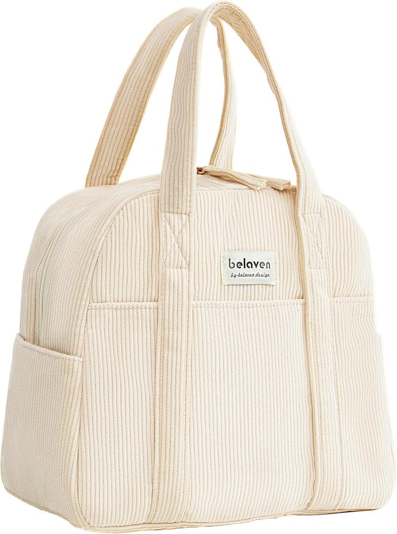 Insulated Lunch Bag for Women, 6-Hour Cold Retention Cooler Tote with Sturdy Handle, 15-Can Spacious Capacity, Leakproof Corduroy Fabric & Aluminum Foil Lining, (Beige)