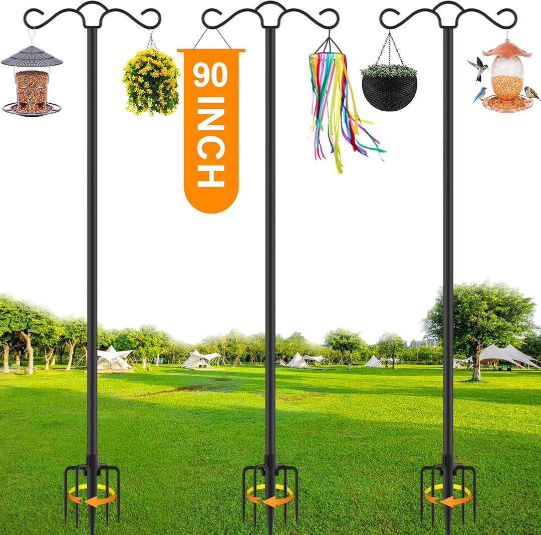 SINLEY Double Shepherds Hook for Outdoor with 5 Prong Base Heavy Duty Two Sided Bird Feeder Pole for Hanging Lantern,Hummingbird Feeder,Lightweight Plant,Shepherds Hook (3 Pack 90 inch)