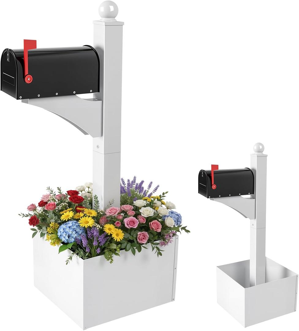 Colingmill White and Black Iron Mailbox Posts with Mailbox and Planter Box for Outside Decorative Ground Mounting Post 56 Inch / 4.6 ft Tall Heavy Duty Stand for Outdoor Use