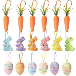 2 x 18PCS Easter Hanging Ornaments Set Colorful Foam Eggs Rabbits Glitter Carrots Decor for Easter Tree Home Party DIY Crafts