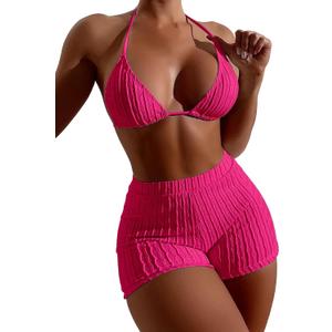 COZYEASE Women's 2 Piece Swimsuits Halter Triangle Top with High Waisted Shorts Bathing Suits Bikini Sets (Hot Pink), Small