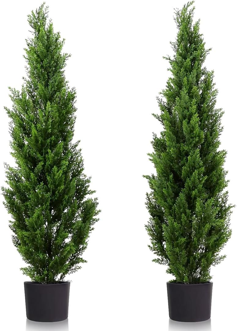 Two 5 Foot Outdoor Artificial Cedar Topiary Trees Uv Rated Potted Plants (5ft)