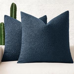 MIULEE 24x24 Inch Decorative Euro Sham Pillow Covers for Couch Bed Set of 2 Textured Boucle Neutral Throw Pillow Covers Navy Blue Accent Solid Pillowcases Sofa Living Room Home Decor