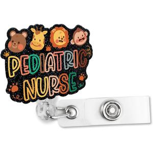 Pediatric Nurse Badge Reel - Retractable Glitter Holder with Alligator Clip, Funny Lion Monkey Design, Perfect for Nurse Appreciation or Week Gift (Pyx165)