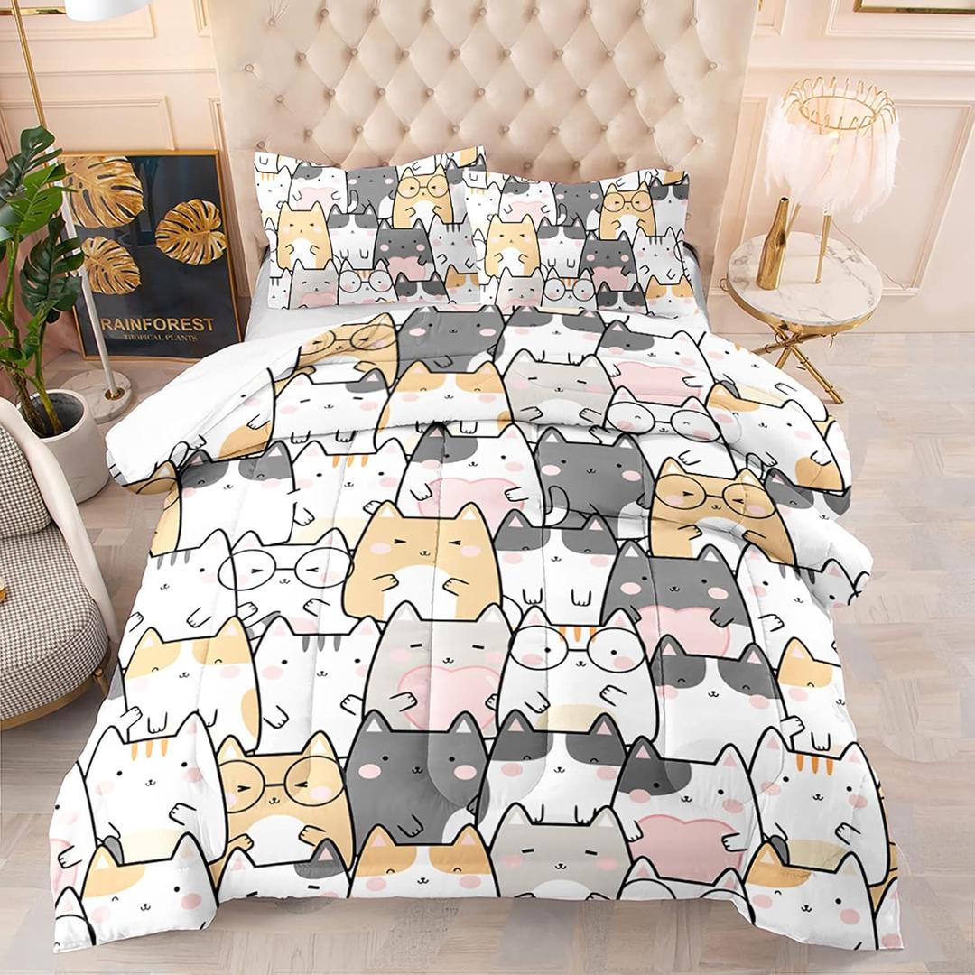 QOOMO Kawaii Cat Comforter Twin Size,Cats Bedding Set for Kids Teens Girls Boys,3Pcs Bedding Set Printed Comforter with 2 Pillowcases,Down Alternative,Soft and LightweightTwin Size