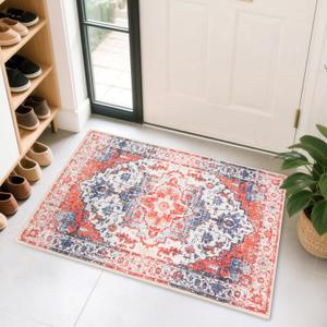 Entryway Rug - Soft Small Rug 2x3 Washable Low Pile Indoor Mat, Non Slip Accent Carpet for Bathroom, Bedroom, or Hallway, Machine & Dryer Safe (Rust Red/Blue/Multi)