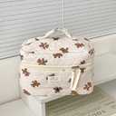 Beige MakeUp Bag Set 3PCS Quilted Make Up Pouch Cute Cotton Cosmetic Bag for Travel Striped Bear Large Toiletry Bag For Women(C)