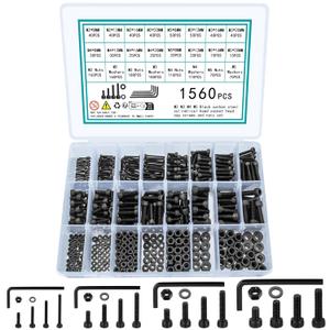 1560 Pcs M2 M3 M4 M5 Screws and Nuts, Assorted Bolts and Nuts Assortment, Hex Socket Head Cap Screws Bolts and Nuts Set, Black Metric Machine Screw Assortment Kit