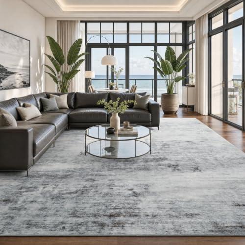 Toneed Washable 9x12 Grey Area Rug with Non-Slip Backing for Living Room | Abstract Modern Rugs, Soft Low Pile Carpet for Bedroom Kitchen Dining Room Nursery Indoor Floor Office Home Decor