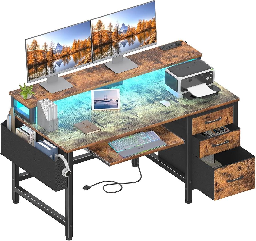 Lufeiya Gaming Desk with LED Lights and Power Outlets, 47 Inch Home Office Desks with Keyboard Tray, Computer Desk with File Drawers Cabinet, Writing Table PC Desks with Monitor Stand, Rustic Brown