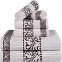 Superior 6-Piece Cotton Towel Set, Decorative Greek Pattern, Home Essentials, Absorbent Towels, Bath Decor, Spa, Resort, Includes 2 Hand, 2 Face and 2 Bath Towels, Athens Collection, Ivory-Chocolate