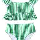 Floerns Girl's 2 Piece Swimsuits Striped Ruffle Hem High Waisted Bathing Suit (Green, 11-12Y)