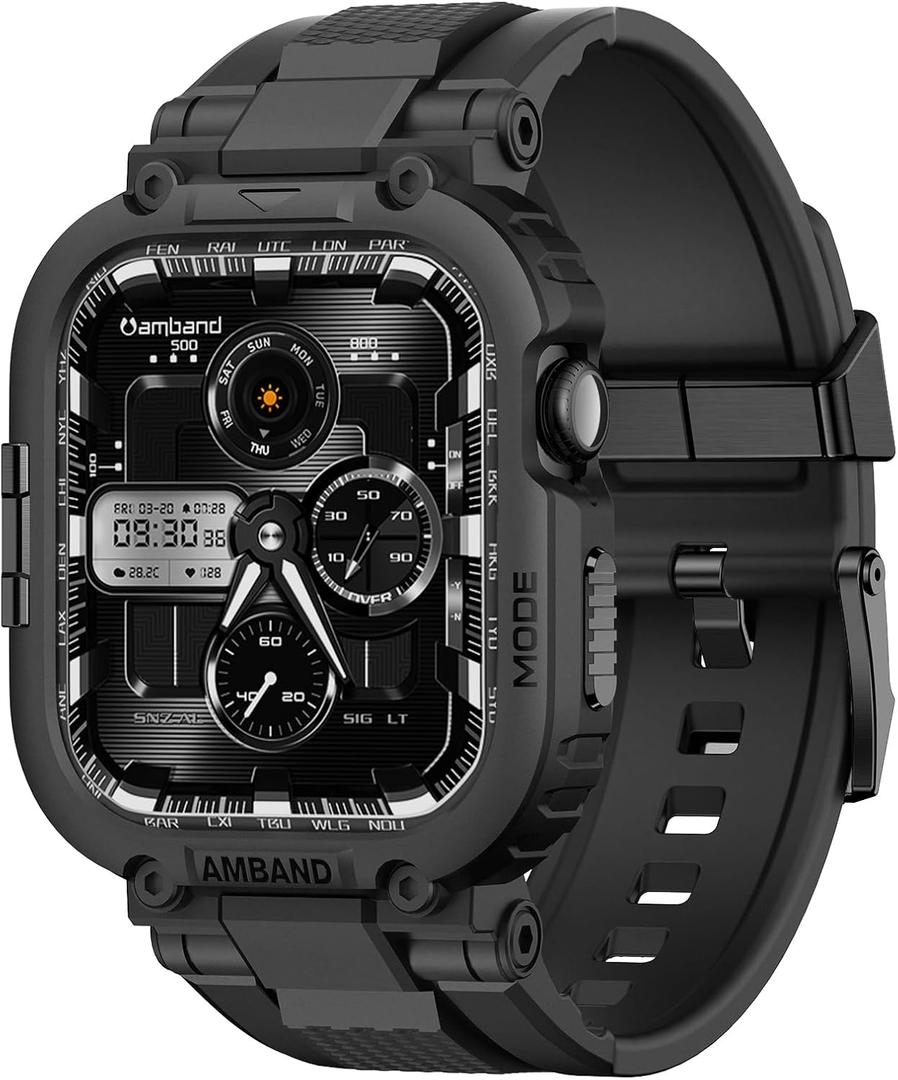 amBand Compatible with Apple Watch Series 11/10 42mm Bands Case for Men, M1 Sport Rugged Heavy Duty Protective Cover Tactical Strap Military Protector Bumper for iWatch Accessories 42 mm - Black