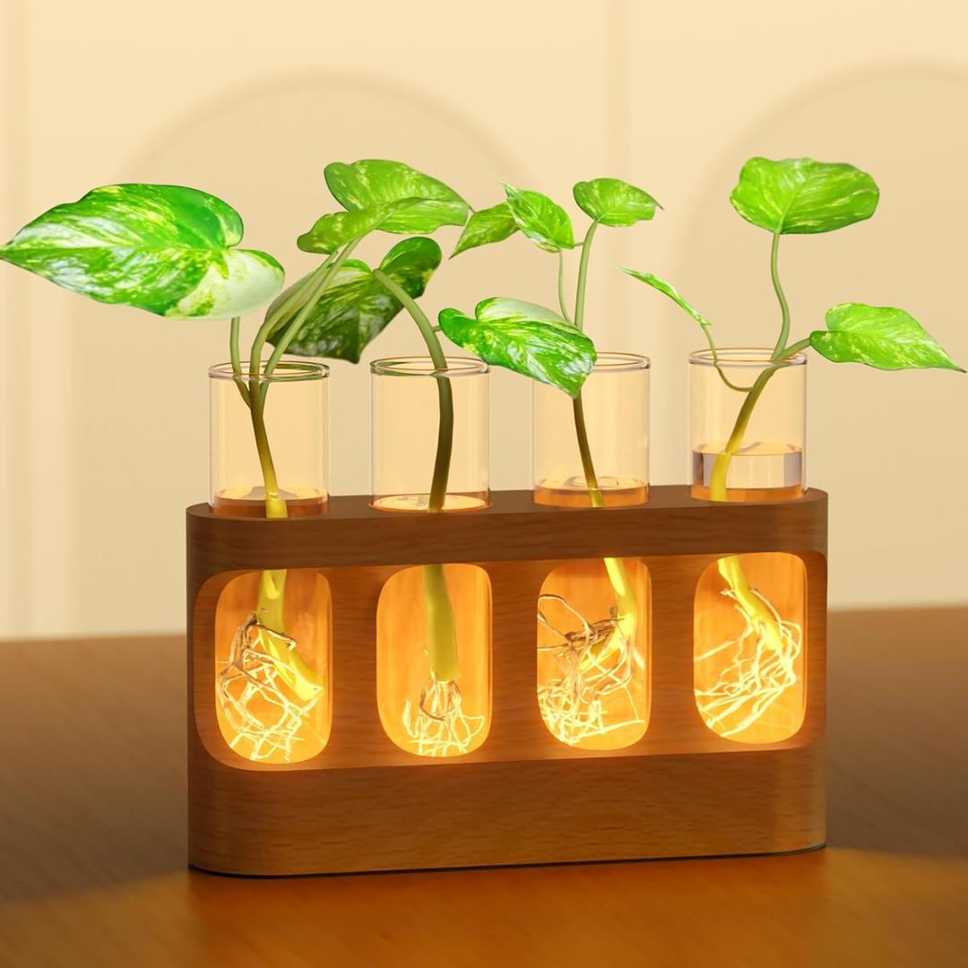 Plant Propagation Station with 9-Speed Adjustable LED Lights, Wooden Stand, 4 Glass Test Tubes for Hydroponic Plants, Unique Gift for Plant Lovers
