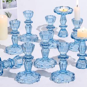 12pcs Taper Candle Holders, Candle Stick Holders, Glass Candle Holder - Vintage Flower Blue Candle Holders for Wedding, Baby Shower & Home Decor (Blue)
