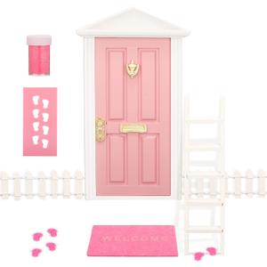 Tooth Fairy Door Kit Mini Wooden Tooth Fairy Door with Accessories Fairy Tale Education Learning Toy for Girls Dollhouse Mini Garden Decoration DIY Craft Activities (Pink)