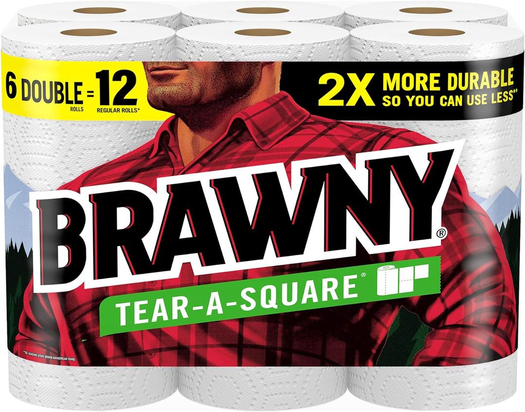 Brawny Tear-A-Square Paper Towels, 6 Double Rolls = 12 Regular Rolls, 3 Sheet Sizes (Quarter, Half, Full), Strength for All Messes, Cleanups, and Meal Prep, White