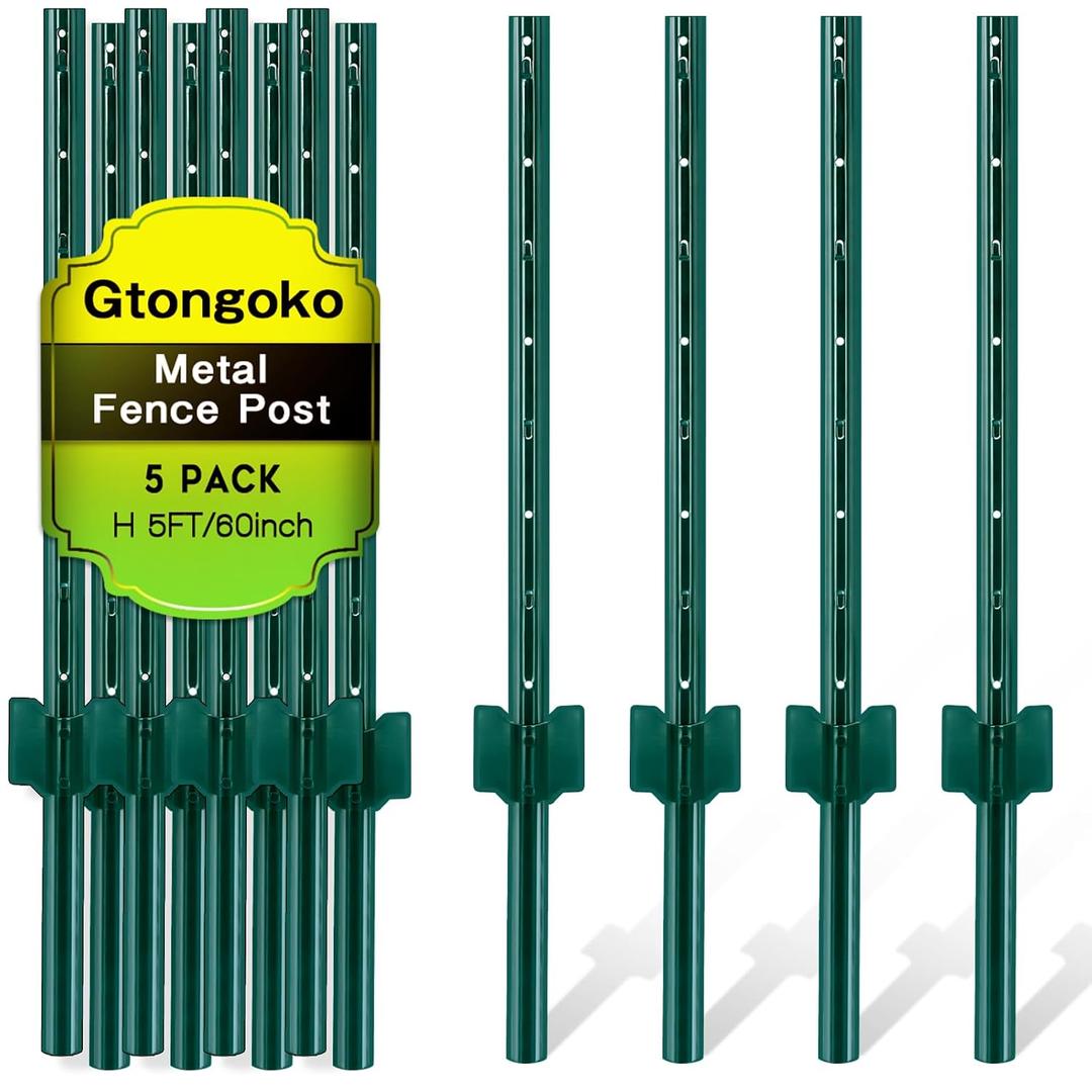 Gtongoko 5 Pack 5FT Heavy Duty Metal Fence Posts,Green U Channel No Dig Fence Stakes with Anchor Plate, Steel Posts for Wire Fencing, Garden Protection, Animal Barrier, Yard and Farm Boundary