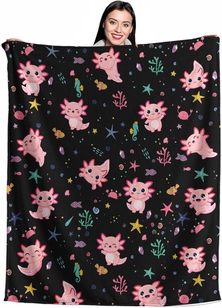 Axolotl Blanket 50x60 Inch - Pink Salamander Axolotl Gifts for Girls Kids Soft Flannel Plush Throw, Cozy Kawaii Animal Lovers Decor for Bedroom Couch Sofa (Black)