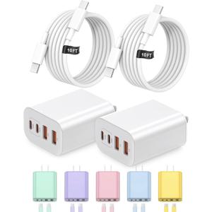 40W USB C Charger Block, iPhone 17 16 15 Charger Fast Charging,2-Pack 4-Port Fast Charging Block with 10FT Type C Cable Multiport Power Block for iPhone Air/iPhone17/16/15 Pro Max/iPad/Samsung