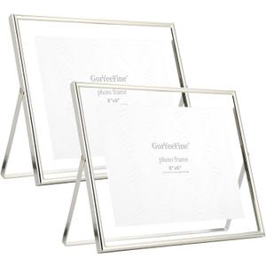 Silver 10x8" Floating Picture Frame(Horizontal) Set of 2 for picture (6x4'',7x5'',8x6'',9x7''),Adjustable Tabletop/Shelf Photo Frame,Classy Gift Choice for Wedding,Christmas,Birthady,Home or Office Decor.