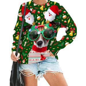 VILOVE Ugly Christmas Sweatshirt Women Merry Christmas Pullover Funny Animal Graphic Tops Causal Hoodie (Large, Green)
