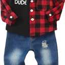NZRVAWS Toddler Baby Boy Clothes Infant Plaid Pocket Shirt Denim Ripped Jean Pants Outfits Set 6-24 Months 2-5T (Red Block Plaid)