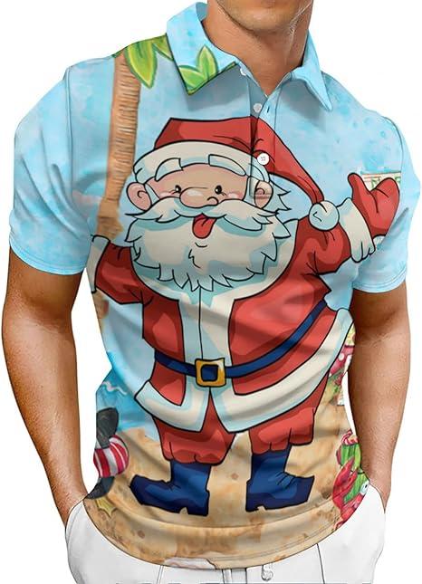 QIVICIMA Mens Halloween Christmas Polo Shirt Casual Slim Fit Lapel Party Golf Shirts Santa Print Polo Print Tops L