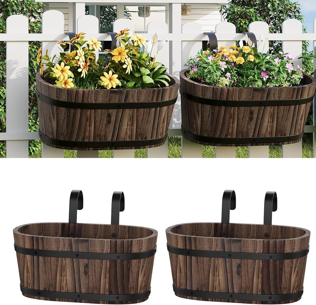 2PACK Railing Planter Box Wood Hanging Flower Pots for Railing Fence Outdoor Balcony Planters for Wall Window Flower Box Hanging Bucket Pots Countryside Plant Holder (Carbonized,2pcs,Large)