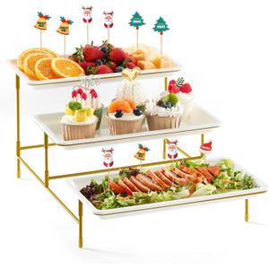 Lifewit Plastic 3 Tier Serving Tray for Party Supplies, 12" x 6.5" Crack-Proof Platters for Serving Food, White Reusable Trays with Gold Metal Display Stand for Veggie, Fruit, Cookies, Dessert