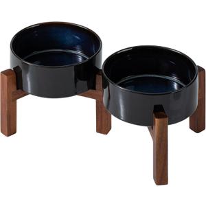 Ceramic 6.1inch Raised Double Dog Bowls Set with Acacia Wood Stand, 2 Heights Elevated, Food & Water Bowls for Small Dogs(28.2oz, Starry Sky) (3.4 CUPS)
