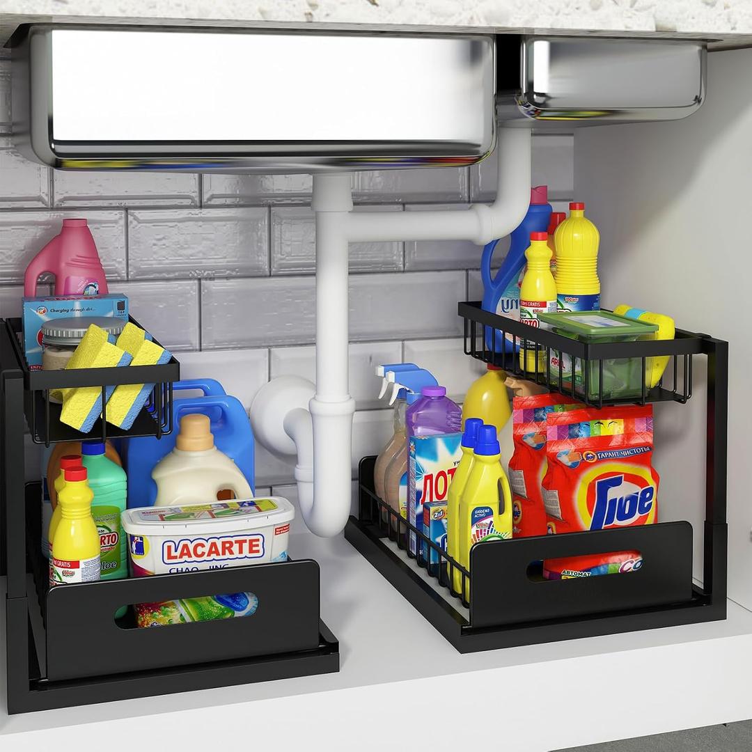 REALINN Under Sink Organizer, Pull Out Cabinet Organizer Slide Out Sink Shelf Cabinet Storage Shelves, Storages for Kitchen Bathroom, Black, 2 Pack