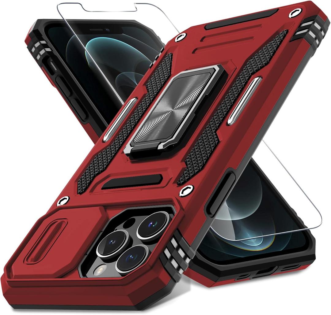 DEERLAMN Case for iPhone 13 Pro Max with Slide Camera Cover+Screen Protector(1 Pack),Rotated Ring Kickstand Military Grade Shockproof Protective Cover 6.7 Inch-Red