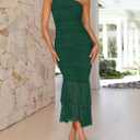 ZESICA Women's One Shoulder Summer Dress Sleeveless Mesh Ruched Bodycon Sexy Formal Cocktail Midi Dresses,DarkGreen,Large
