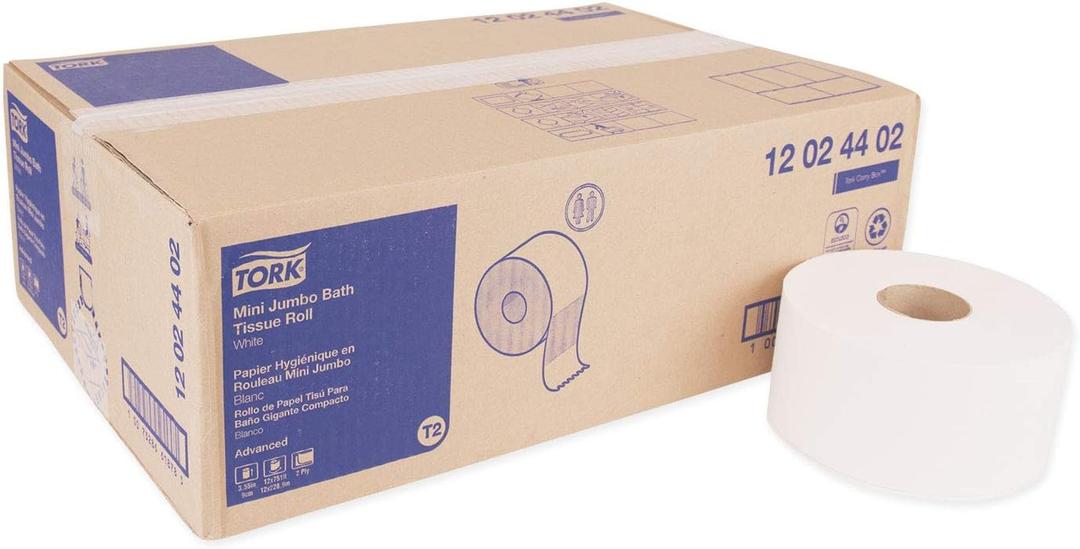Tork 12024402 Mini Jumbo Bath Tissue Roll, 2-Ply, White