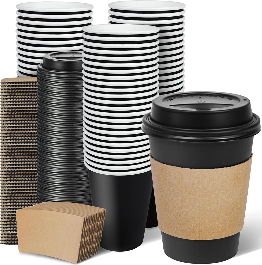 Ginkgo 100 Pack 12 oz Disposable Coffee Cups with Lids and Sleeves, To Go Leak-Proof Black Paper Cups for Picnics, Parties, Travel, Offices and Coffee Bar Supplies