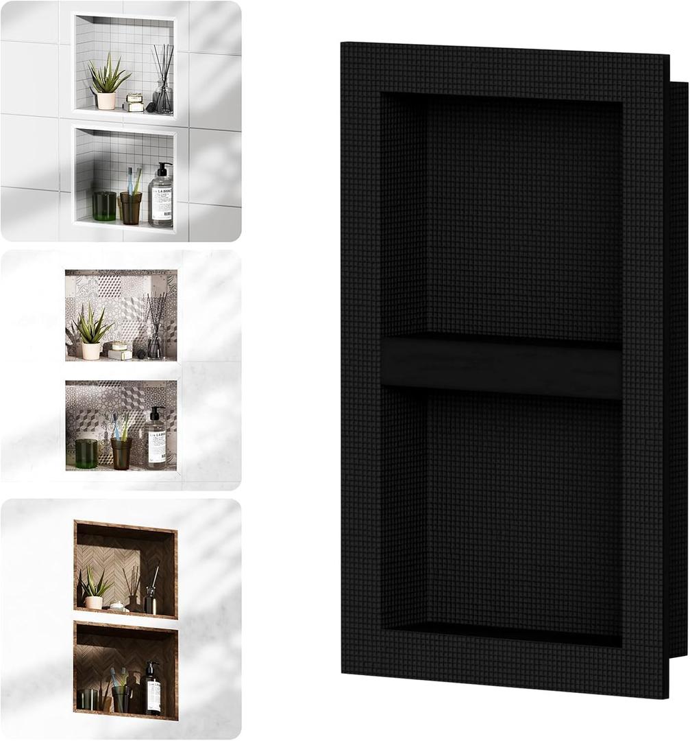 Homevacious Shower Niche 16 X 24 Inch Shower Niche Insert Tile Ready Recessed Wall Niche XPS Double Waterproof Shelf Shower Wall Bathroom Storage Box with Removable Shelf Matte Black