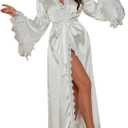 OYOANGLE Women's Satin Robe Long Sleeve Backless Lace Trim Belted Bathrobes for Wedding Party Getting Ready (White)