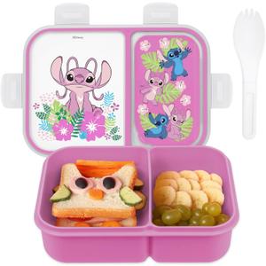 Disney Bento Box Leak-Proof Kids Lunch Box with Divided Compartments & Detachable Spork - Mickey & Minnie, Stitch, & Winnie the Pooh BPA Free Toddler Bento Box (Medium, Stitch & Angel Light Fuchsia)