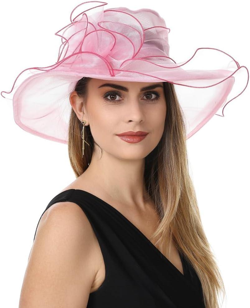 SAFERIN Women's Organza Church Fascinator Bridal Tea Party Wedding Hat 1-pink Rose Line