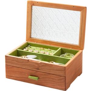 Wooden Jewelry Box, Large Size Case, Natural Solid Cherry Wood Vintage Trinket Organizer with 2-Layer Storage, Drawer, Ring Compartments, Necklace Hooks, Glass Lid, ek06-b-cherry