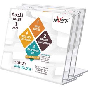 NIUBEE Acrylic Sign Holder 8.5x11 Inches 3 Pack Landscape, Slant Back Clear Paper Frames, Plastic Flyer Display Holder, Document Menu Table Stand for Office, Store, Restaurant -Horizontal