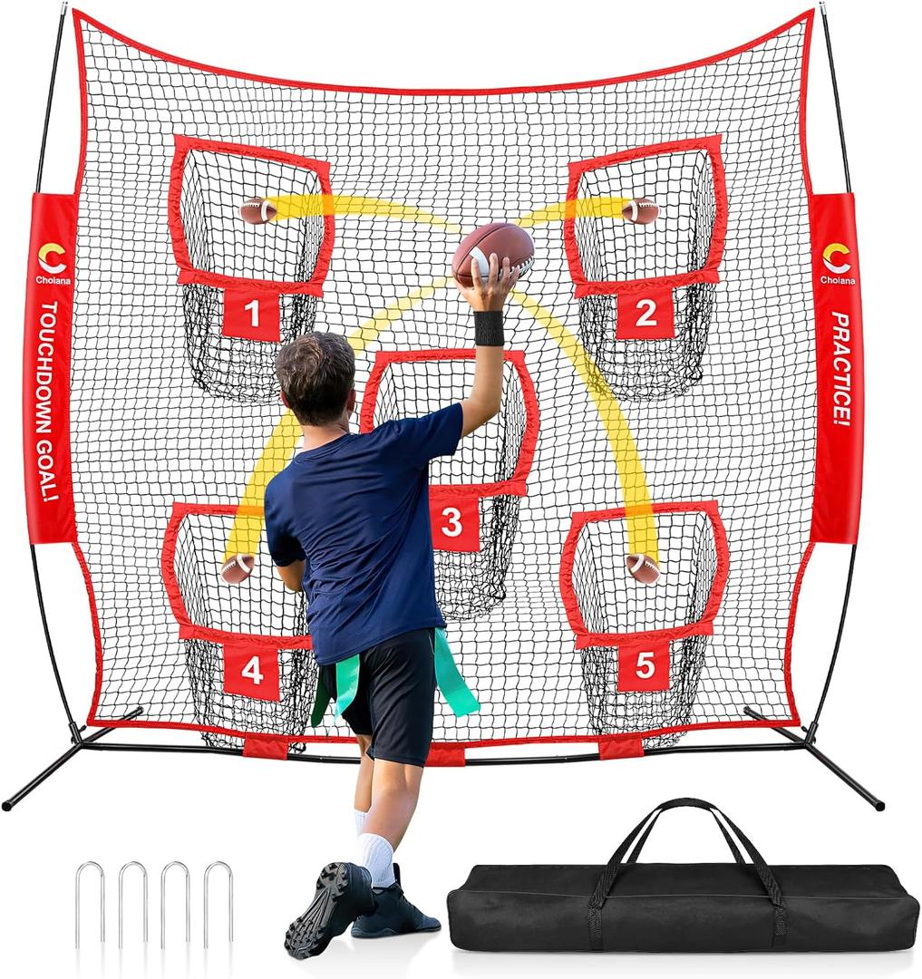 8 x 8ft/8 x 4ft Football Net Target w/ 5 Pocket Practice Net Quarterback Training Equipment for Throw Accuracy Improving w/Carry Bag, Ground Stake for Backyard Kids