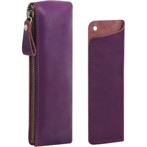 WONDERPOOL Pen Case 2pcs Genuine Leather Pencil Markers Holder Fountain Pen Drawings Pouch Portable Compact Stationery Bag for School Office Travel Organizer (Purple)