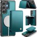 Compatible with Magsafe for Samsung Galaxy S25 Ultra Wallet Case Magnetic Card Holder, RFID Blocking 2 in 1 Detachable Kickstand Shockproof Case for Women Men, Bluish Green