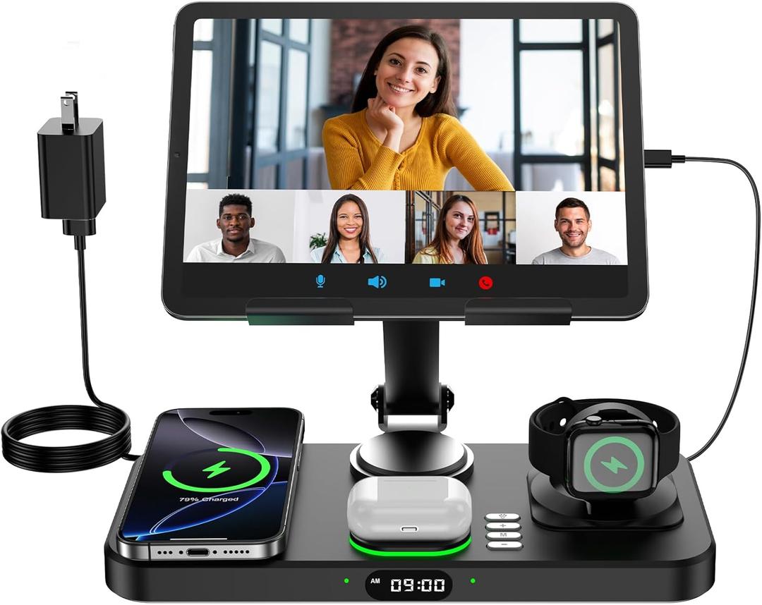 6 in 1 Wireless Charger for Apple Multiple Devices, Charging Station with Clock &7 Color Ambient Light, Foldable Rotate Stand for iPad, for iPhone16/15/14 Series, Support for Apple Watch10/9 AirPods4 (Black)