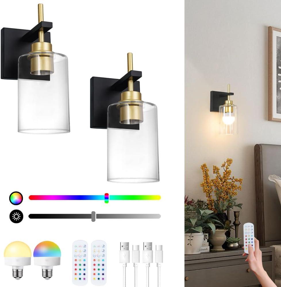 Battery Operated Wall Sconce Set of 2, Black and Gold Sconce Lighting with Clear Glass Lampshade, Rechargeable Battery Powered Wall Light with Remote Control for Bedside Bedroom Doorway