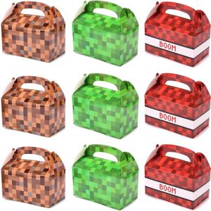 18pcs Pixel Theme Gift Box Bags, 3 Colors Video Game Goodie Theme Gift Treat Boxes with Handle Foldable Pixel Goody Party Favors for Boys Girls Birthday Decorations Supplies (Green/Brown/Red)