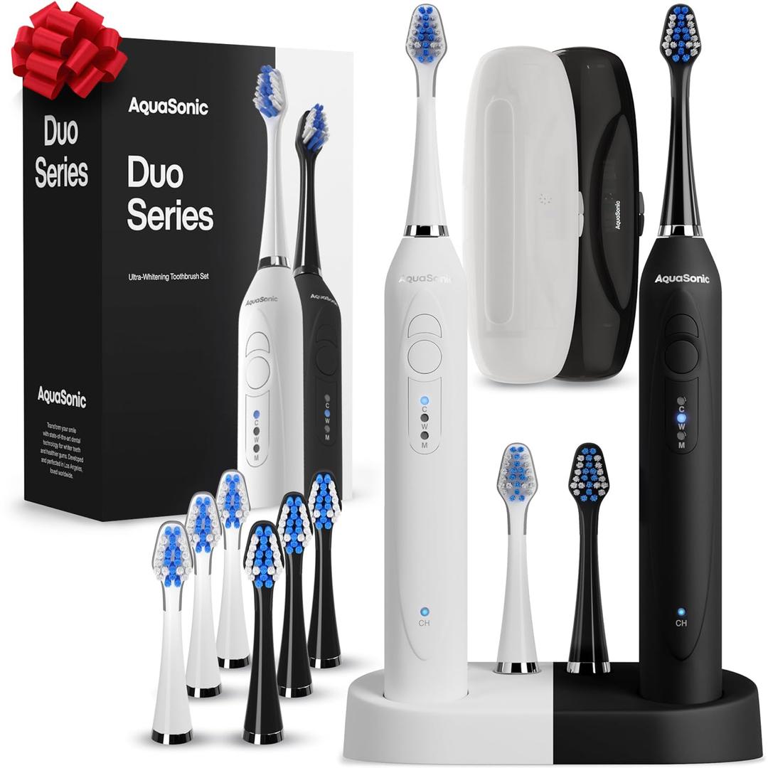 Aquasonic Duo - Dual Handle Ultra Whitening 40,000 VPM Wireless Charging Electric ToothBrushes - 3 Modes with Smart Timers - 10 Dupont Brush Heads & 2 Travel Cases Included