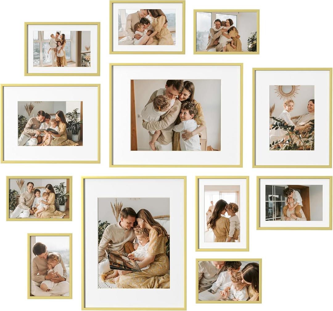 eletecpro Aluminum Gallery Wall Frame Set of 12, Including 2Pcs 11x14, 2Pcs 8x10, 4Pcs 5x7, 4Pcs 4x6 Photo Frames for Wall or Tabletop Display, Multiple Sizes Picture Frames Collage Wall Decor, Gold